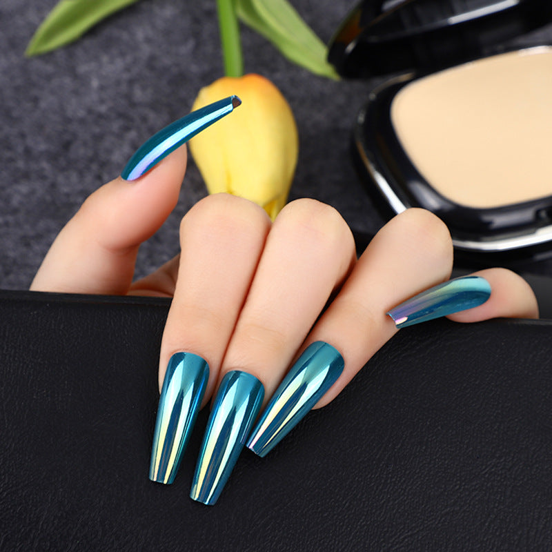 Enchanted Ocean Wave Extra Long Stiletto Teal Chrome Mirror Finish Press On Nail Set