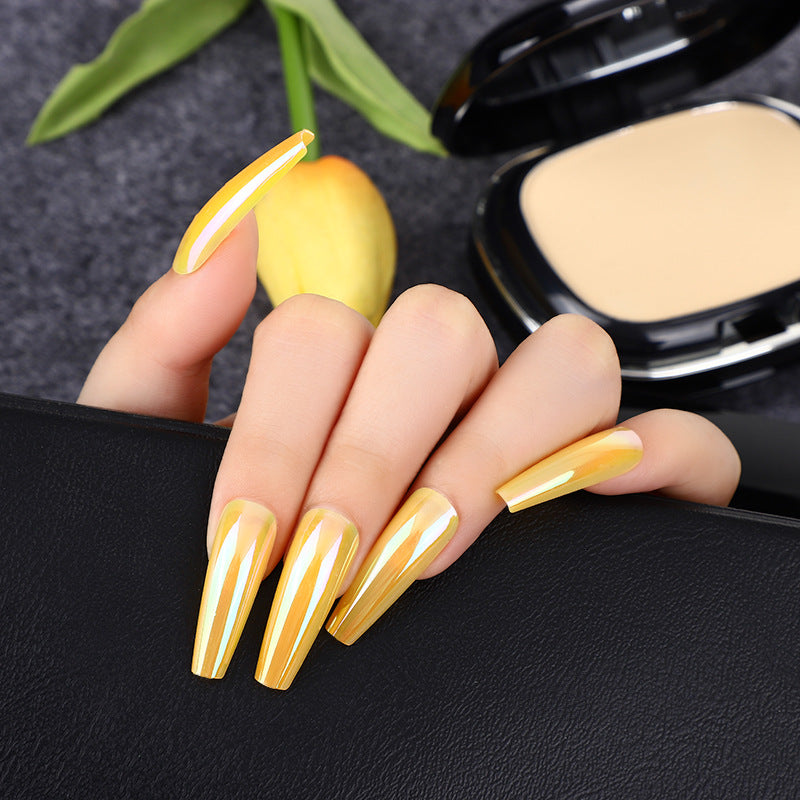 Summer Glow Long Coffin Sunshine Yellow Press On Nails with Reflective Stripes