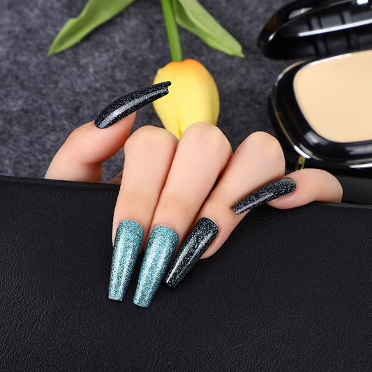 Starry Night Glamour Long Coffin Shape Dual-tone Teal and Black Glitter Press On Nails Set