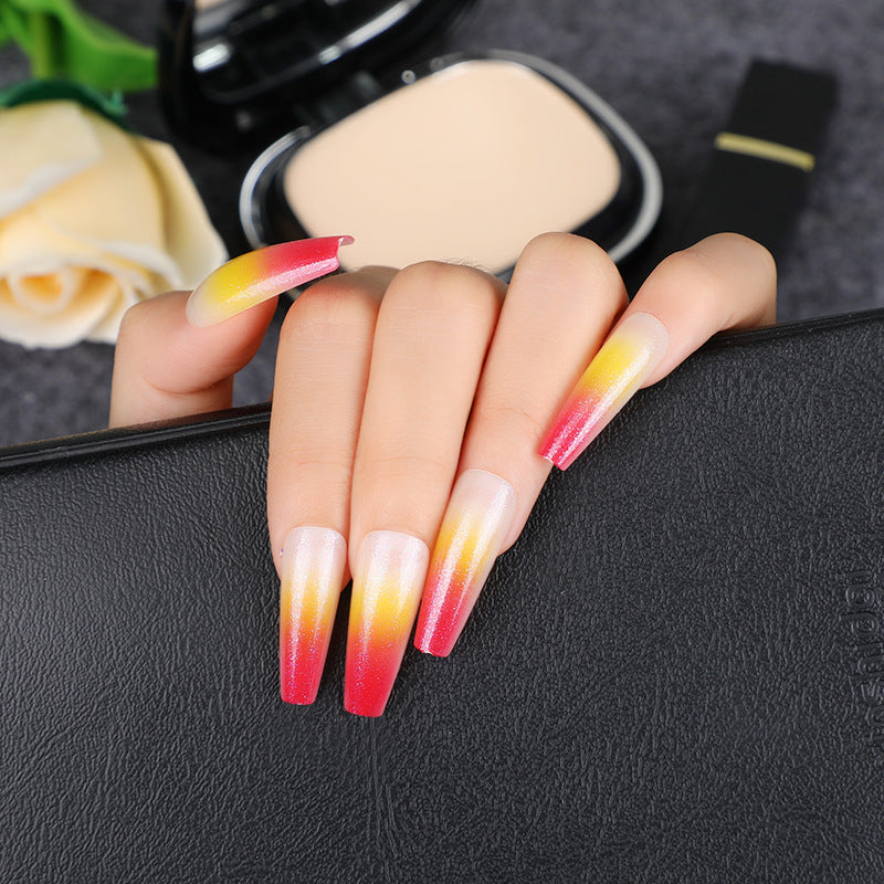 Sunset Ombre Long Coffin Press-On Nail Set - Vibrant Yellow to Pink Gradient with Iridescent Shimmer