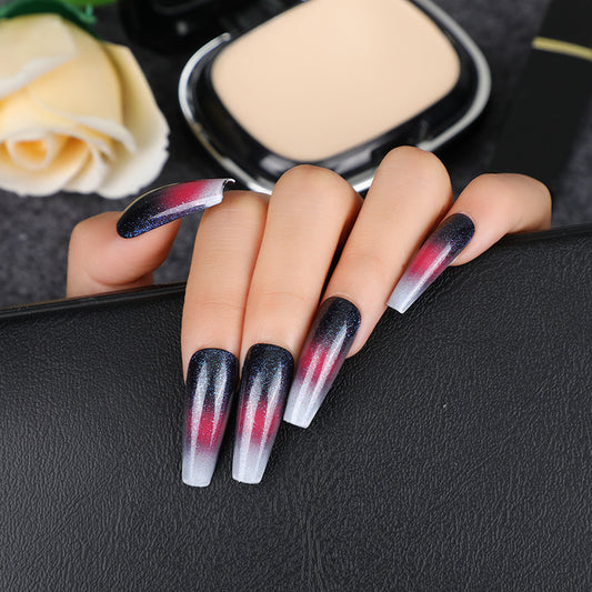 Galactic Glow Long Coffin Black Gradient Press On Nail Set with Starry Shimmer Detail