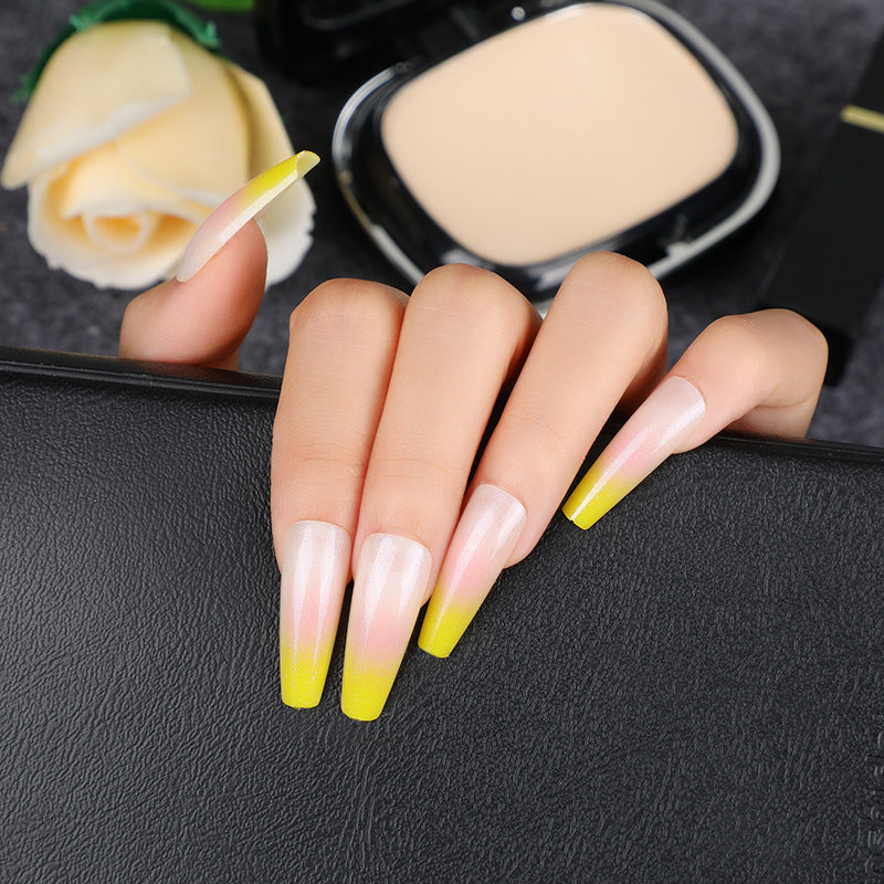 Tropical Ombre Long Coffin Yellow to Pink Fade Press On Nail Set with Iridescent Glow