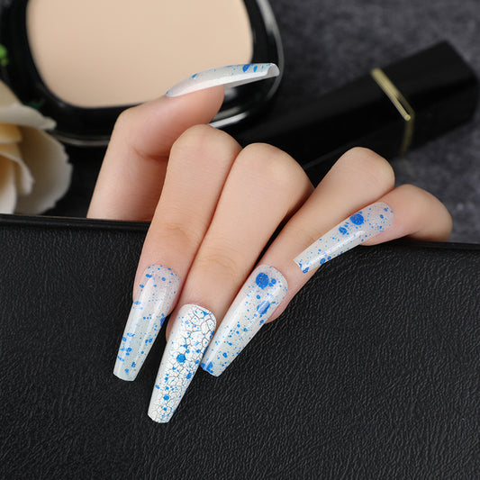 Winter Sparkle Long Coffin White Press On Nails with Blue Glitter Accents