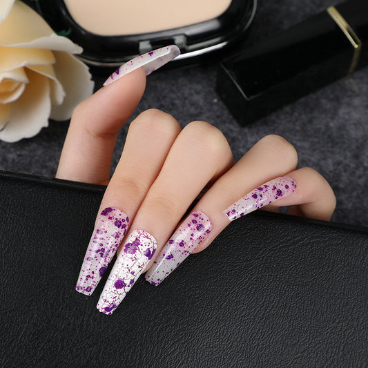 Enchanted Amethyst Splatter Long Coffin White Purple Press On Nail Set with Glitter Accents