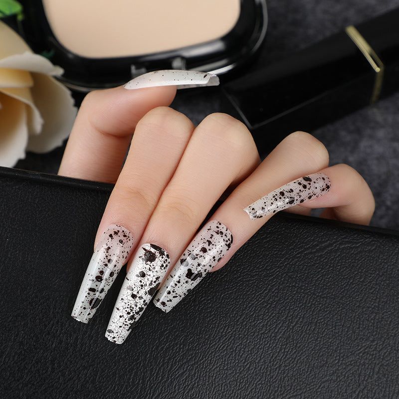 Starry Night Elegance Extra Long Coffin Black and White Press On Nails with Glitter Accents