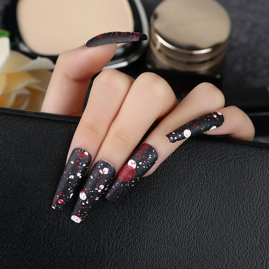 Galactic Charm Long Coffin Black Press On Nails with Red Accents and Sparkling Glitter Detail