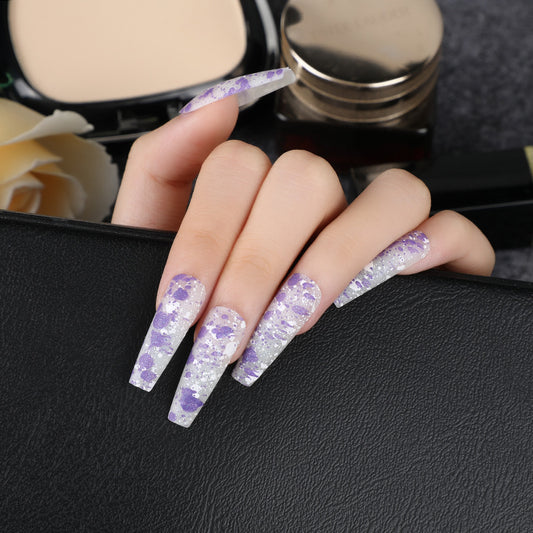 Galactic Fantasy Long Coffin Purple Glitter Press On Nail Set with Cosmic Sparkle Accents