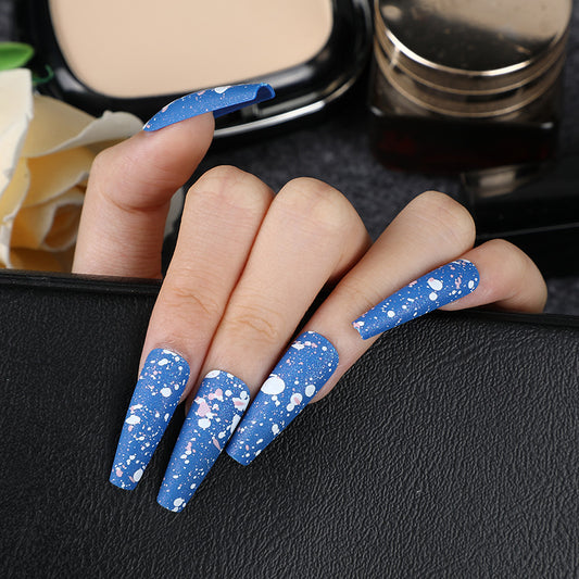 Starry Night Long Coffin Shape Blue Glitter Press On Nail Set with White Accents