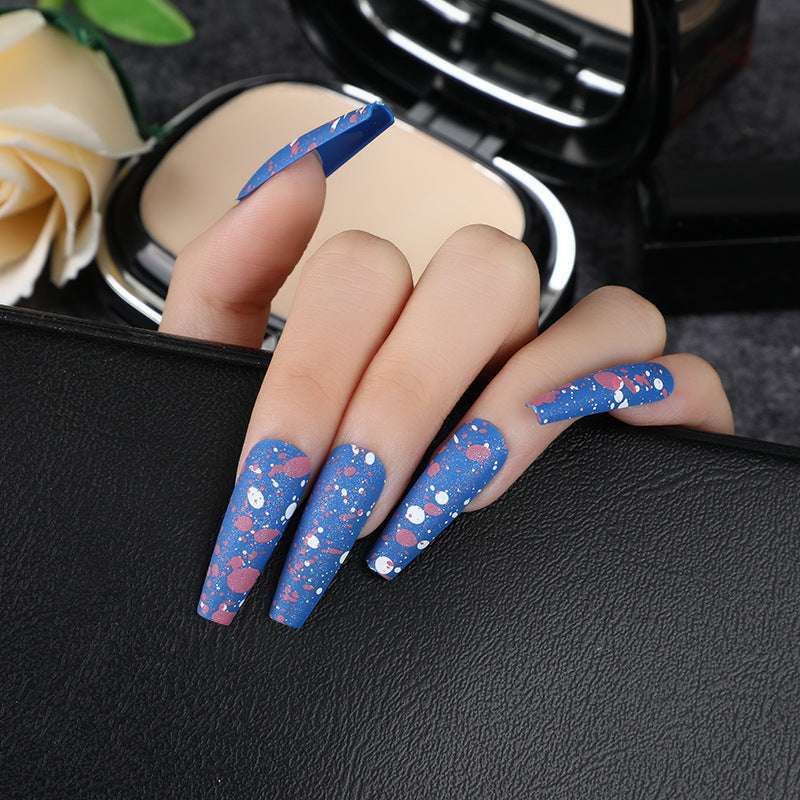 Stellar Galaxy Long Coffin Blue Speckled Glitter Press On Nail Set for Glamorous Look