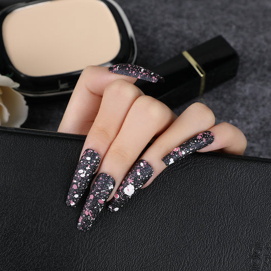 Starry Night Collection Long Coffin Black Glitter Press On Nail Set with Pink Accents and Heart Sequin Design