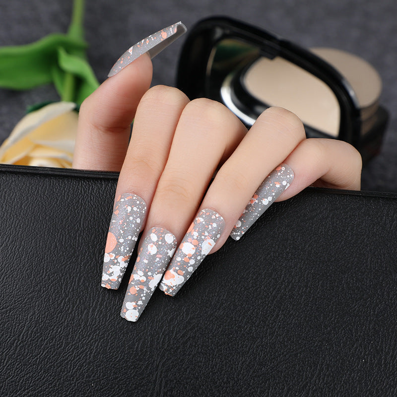 Stargazer Delight Extra Long Coffin Grey Press on Nails with Orange Accents and Glitter Highlights