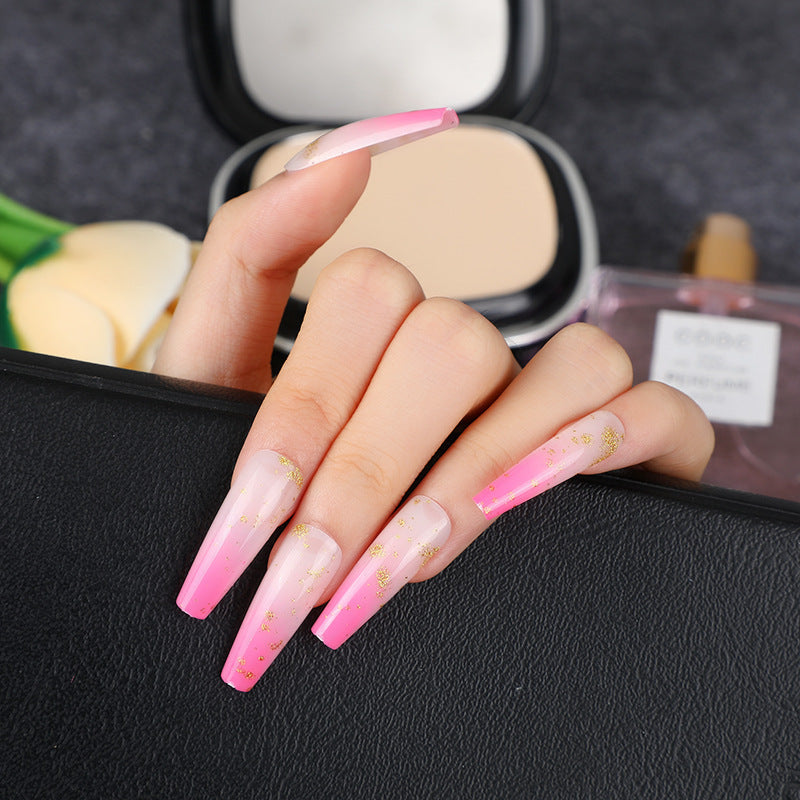 Summer Elegance Long Coffin Pink and Clear Ombre Press On Nail Set with Gold Flakes Accents