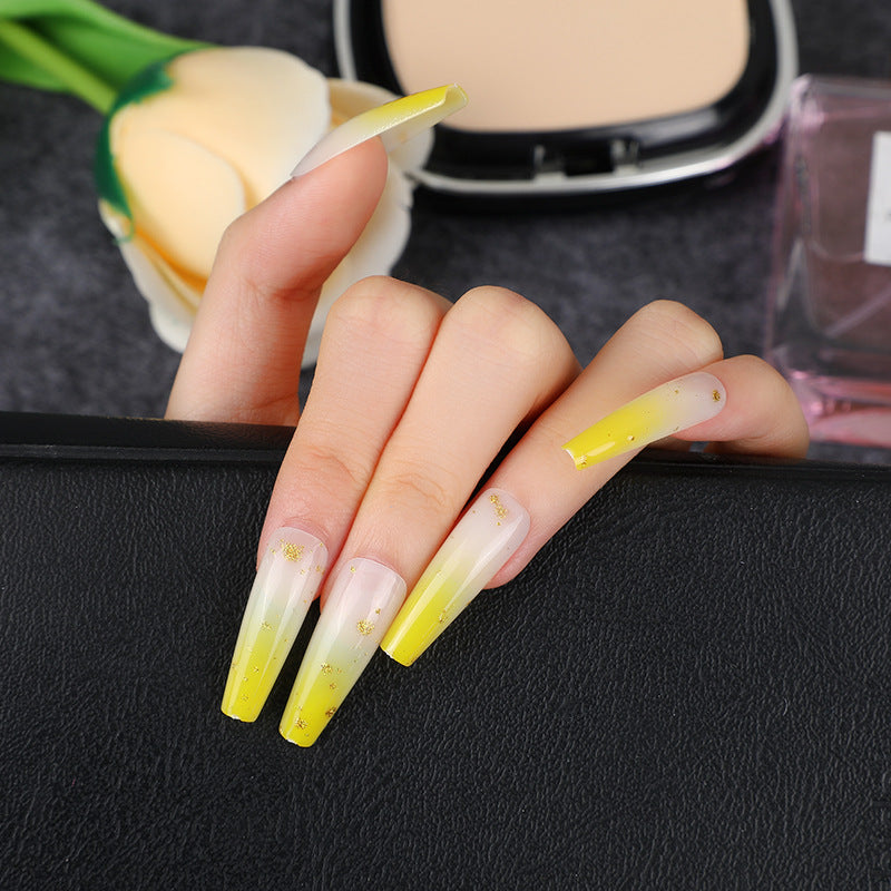 Lemon Sorbet Summer Glow Long Coffin Ombre Yellow Press On Nails with Sparkle Accents