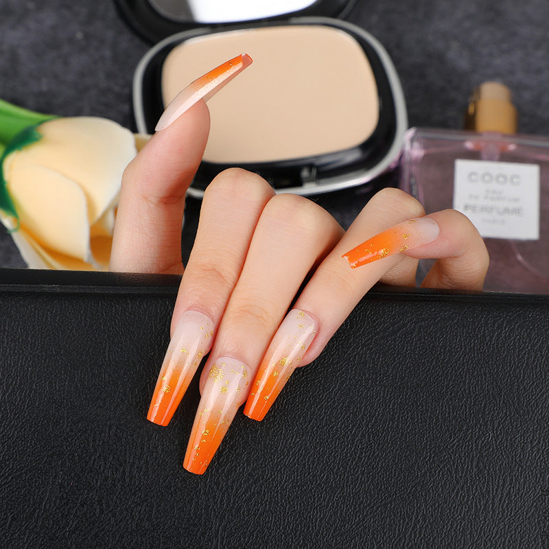 Tropical Sunset Extra Long Coffin Orange Ombre Press On Nails with Gold Glitter Accents