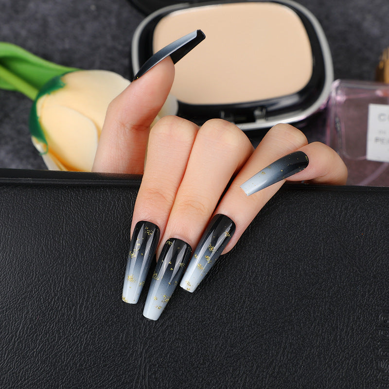 Starry Night Long Coffin Gradient Black to Silver Press On Nail Set with Sparkling Accents