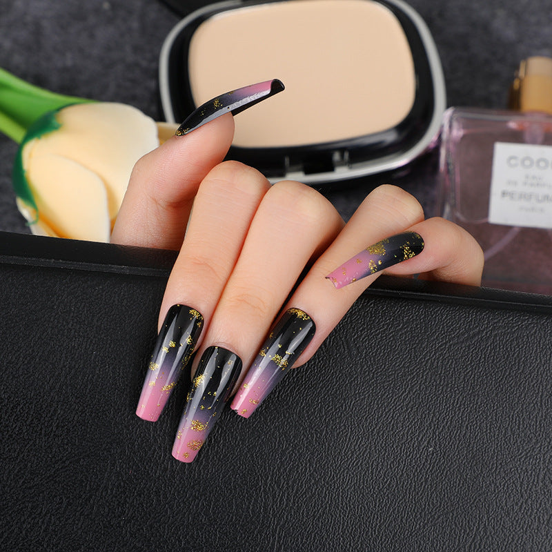 Starry Night Glamour Long Coffin-Shaped Purple and Black Ombre Press On Nails with Gold Flakes