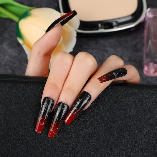 Midnight Elegance Long Coffin Black and Red Ombre Press On Nail Set with Sparkle Accents