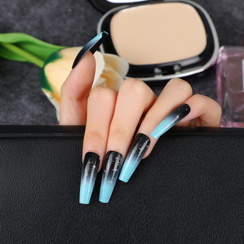 Starry Night Sky Long Coffin Black to Blue Ombre Press On Nail Set with Glitter Accents