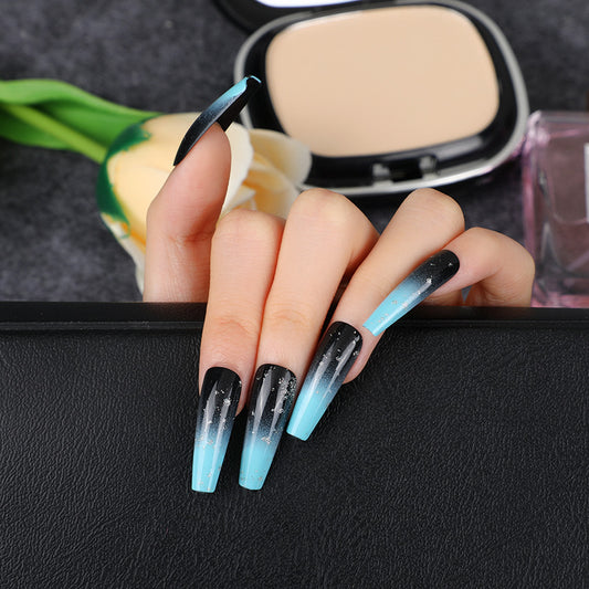 Starry Night Sky Long Coffin Black to Blue Ombre Press On Nail Set with Glitter Accents