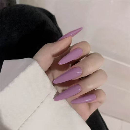 Embraced Long Almond Purple Glossy Press On Nails