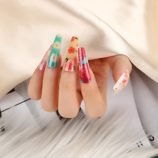 Enchanted Garden Extra-Long Coffin-Shaped Multicolor Glitter Floral Press On Nail Set