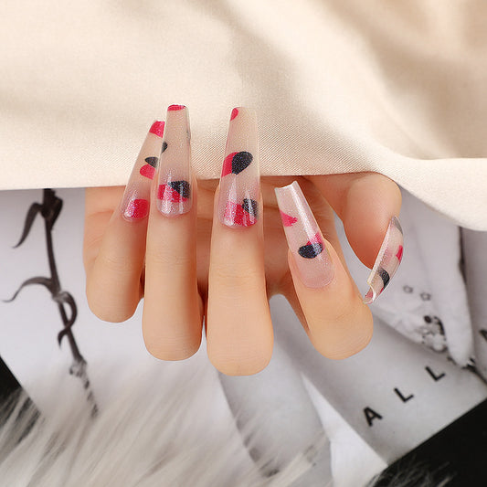 Abstract Artistry Extra Long Coffin Clear Press On Nails with Pink and Black Brush Strokes