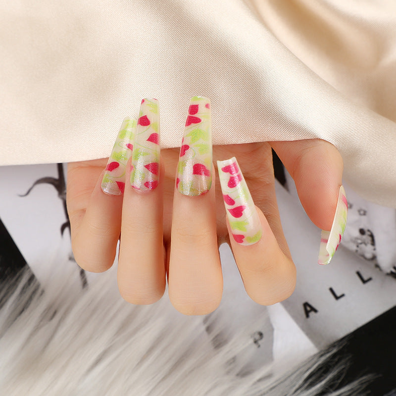 Summer Blossom Long Coffin Pink and Green Floral Pattern Glitter Press on Nail Set