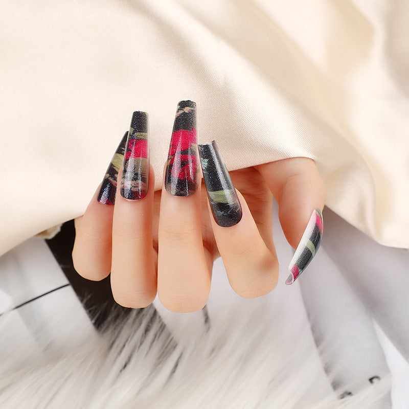 Tartan Elegance Long Coffin Plaid Press On Nails with Glossy Finish