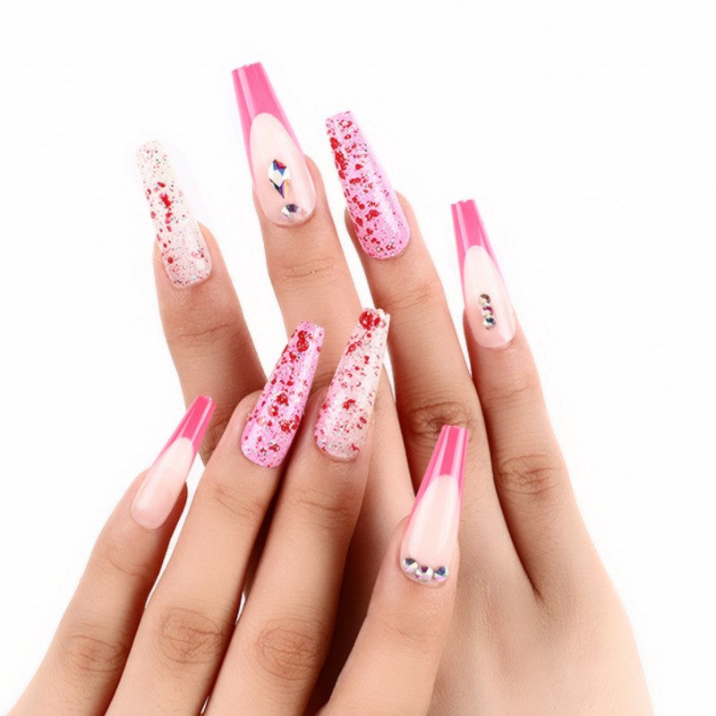 Valentine's Glam Long Coffin Pink Glitter Accent Artificial Nail Set with Rhinestones