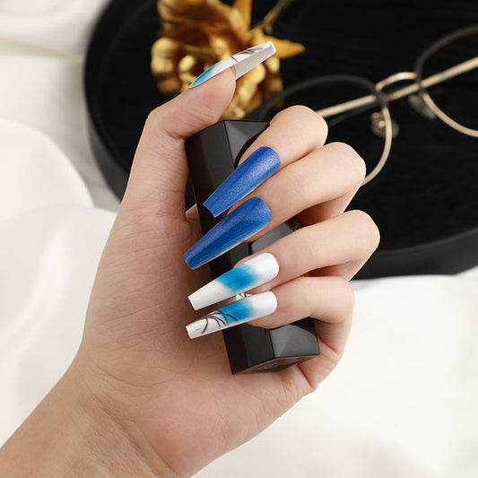 Ocean Breeze Extra-Long Coffin Shape Blue Ombre Press On Nails with Wave Art Accents