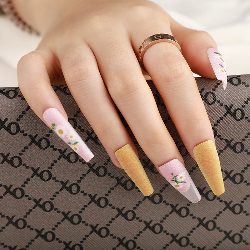 Spring Blossom Long Coffin Pastel Pink and Yellow Press On Nails with Delicate Floral Accents