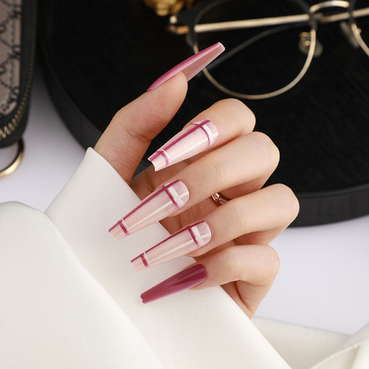 Elegant Sophistication Long Coffin Ombre Pink Press On Nails with Clear French Tip Design