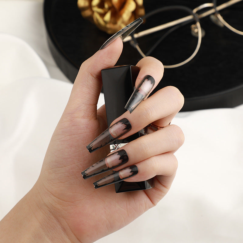 Mystic Smoke Long Coffin Black Marble Press On Nail Set with Silver Accents