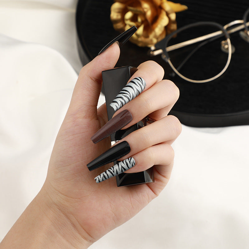 Zebra Chic Extra Long Coffin Black and White Press On Nail Set with Swirl Design Accents