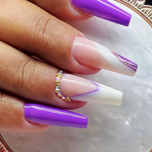 Royal Elegance Long Coffin Ombre Purple Press on Nail Set with Rhinestone Accents