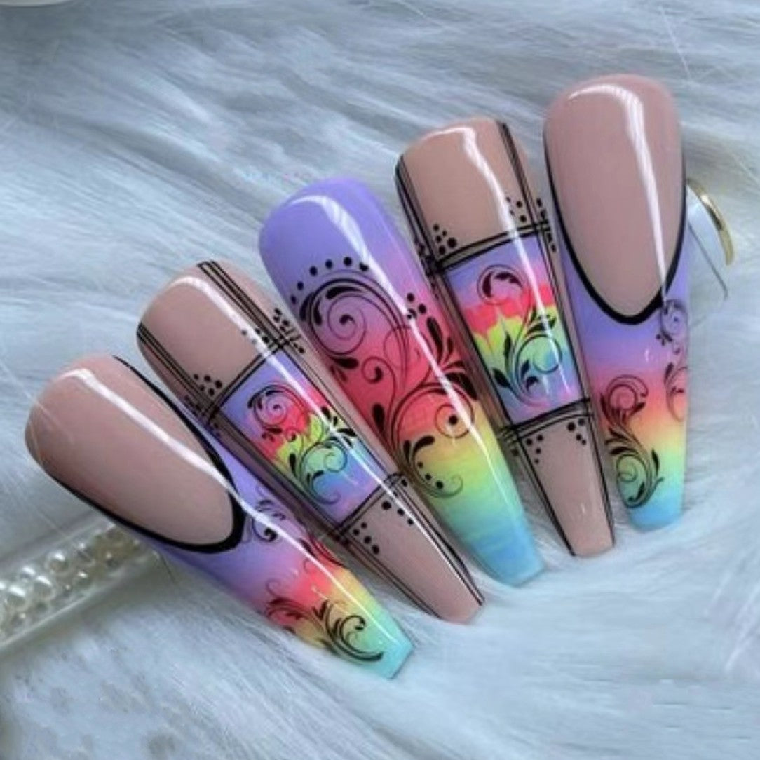 Whimsical Rainbow Elegance Long Coffin Pastel Press On Nail Set with Swirl Accents