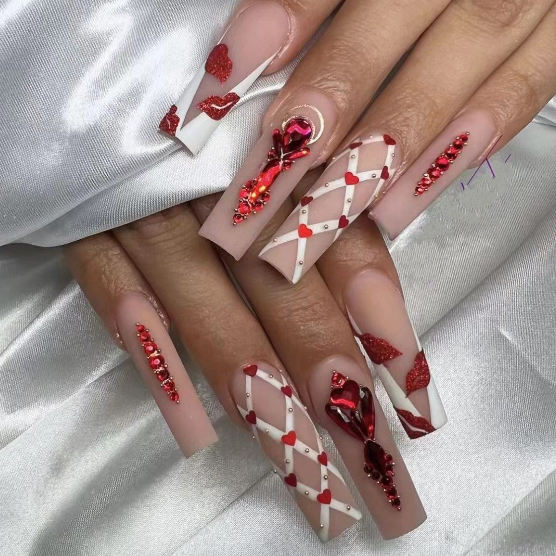 Romantic Elegance Extra-Long Coffin Pink and White Press On Nail Set with Red Glitter Hearts and Jewel Accents