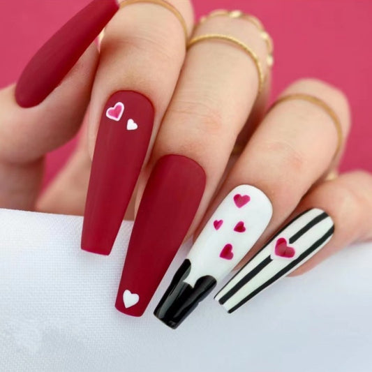 Valentine's Romance Extra Long Coffin Press On Nail Set in Maroon & White with Heart Accents and Striped Detail