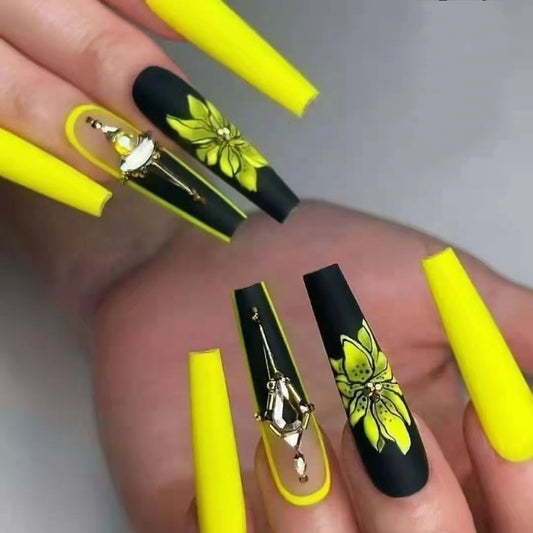 Sunshine Garden Long Coffin Yellow and Black Press on Nails with Floral Accents and Charm Embellishments