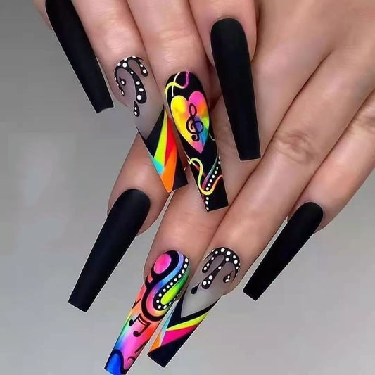 Musical Elegance Long Coffin Shape Press On Nail Set in Black with Vibrant Neon Accent Design