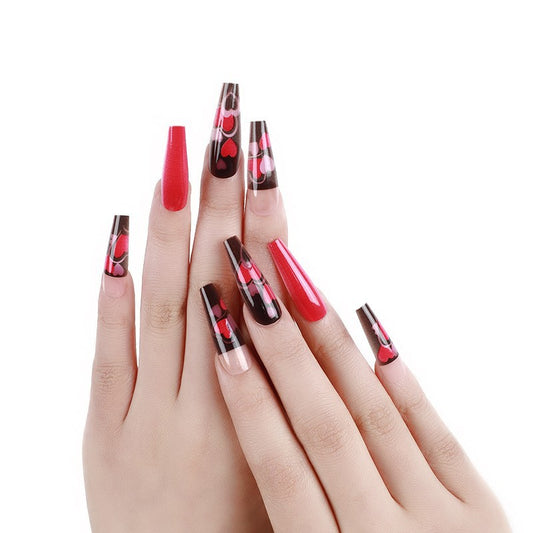 Abstract Elegance Long Coffin Black and Red Press On Nail Set with Geometric Heart Design