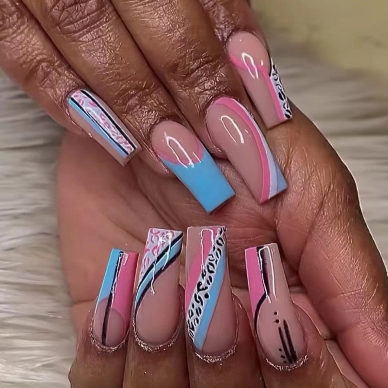 Urban Glamour Long Square Pink and Blue Press On Nail Set with Abstract Art Design