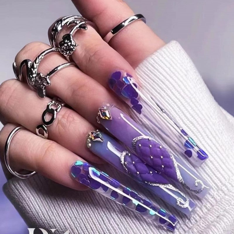 Mystical Mermaid Extra-Long Coffin Purple Press On Nails with Gemstones and Glitter Accents