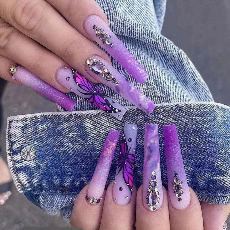 Enchanted Butterfly Long Coffin Lavender Glitter Press On Nail Set with Rhinestone Accents