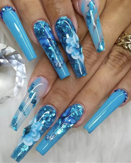 Ocean Bliss Extra Long Coffin Sky Blue Press On Nail Set with Floral Embellishments and Glitter Accents