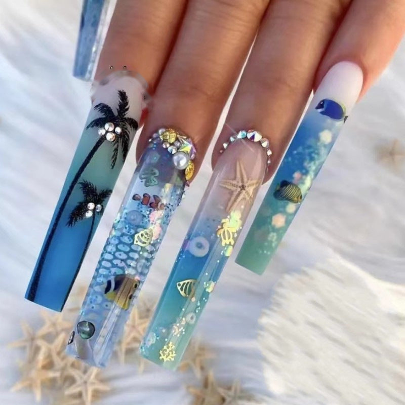 Tropical Oasis Extra Long Square Press On Nail Set, Ocean Blue Gradient with 3D Charms and Rhinestones