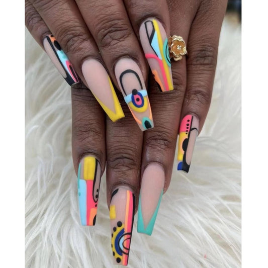 Abstract Art Long Coffin Multicolor Press On Nails with Geometric Accents