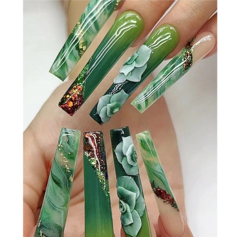 Enchanted Garden Extra Long Coffin Green Press On Nail Set with Floral Accents and Glitter Highlights