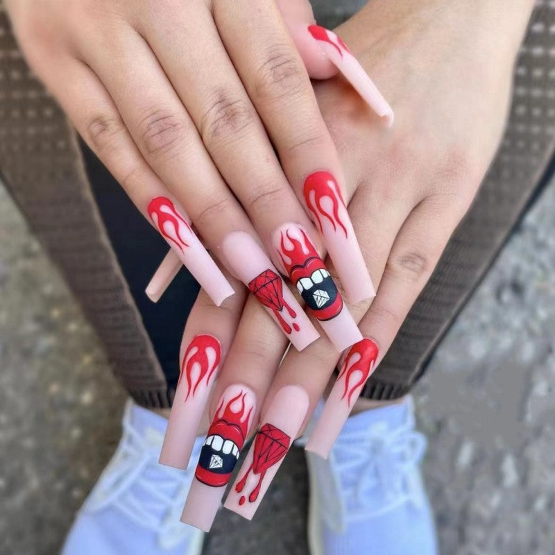 Rockstar Vibes Extra-Long Coffin Red and White Flame Art Press On Nail Set with Edgy Pop Art Accents