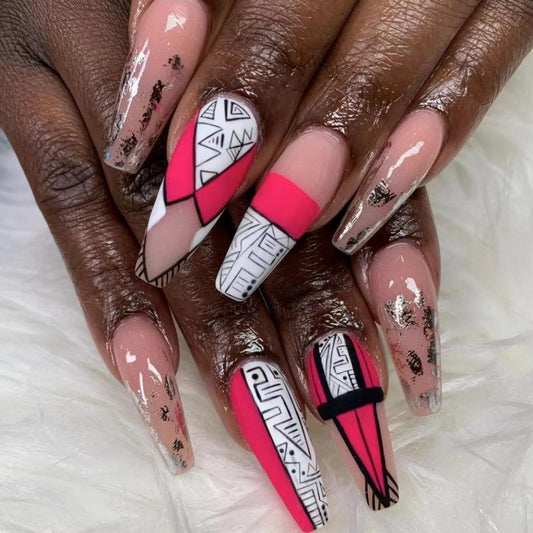 Tribal Elegance Extra Long Coffin Pink and White Press On Nail Set with Geometric Patterns and Gold Flake Accents